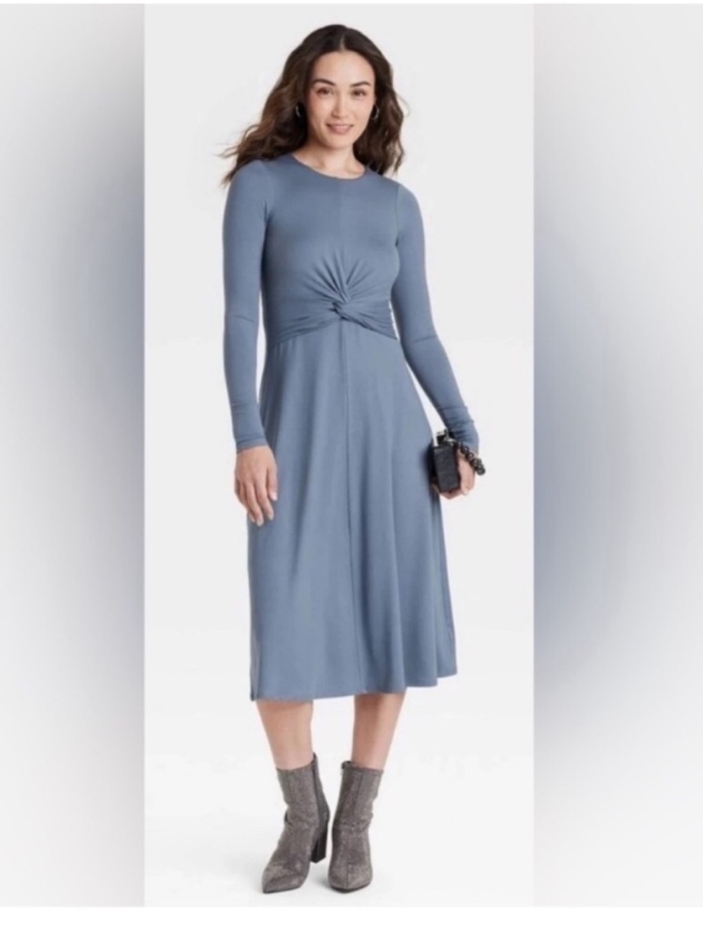 a new day Long Sleeve Twist Front Midi Dress in Dusty Blue